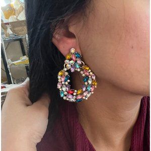 Large chandelier earring multicolored big crystal big red teal purple pink